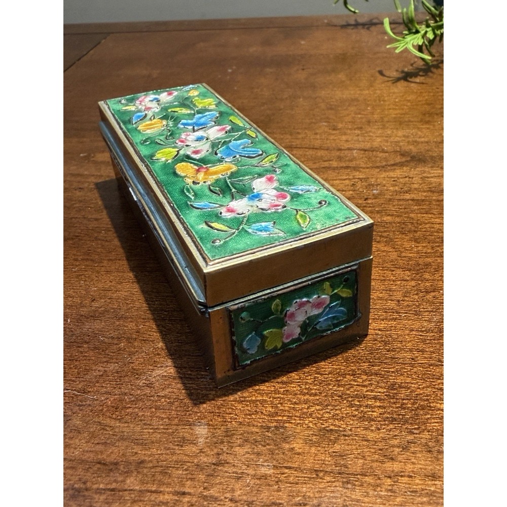 VTG CHINESE CLOISONNE ENAMEL BRASS HINGED STAMP TRINKET BOX MARKED - Picture 8 of 11